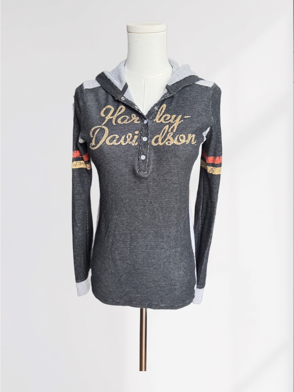 2013 Harley-Davidson Hooded Long-Sleeve Henley with Gold Script & Rhinestones